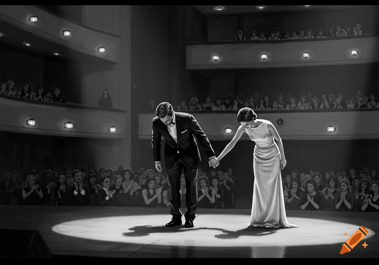 A man in a tuxedo and a woman in a long dress bow on a spotlighted theater stage, holding hands, in black and white.