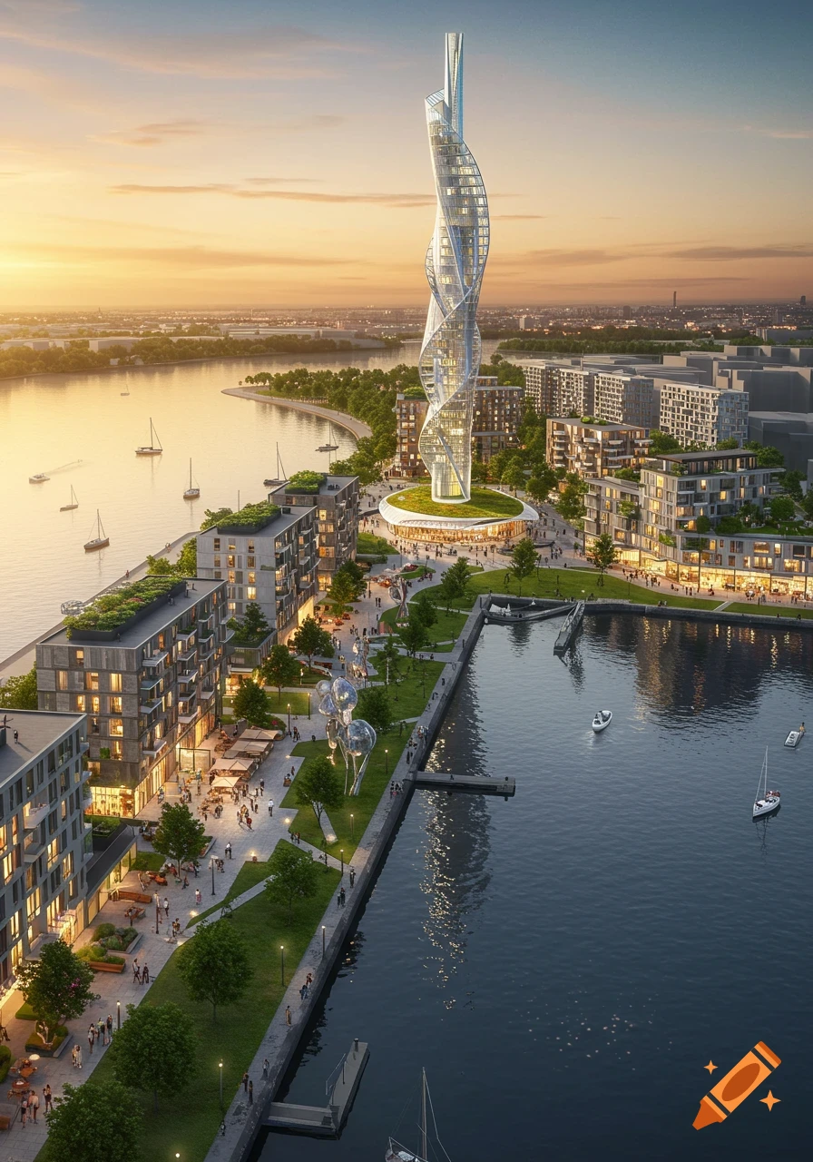 An aerial view of a modern waterfront city with a spiraling skyscraper, residential buildings, green parks, and a river with boats at sunset.