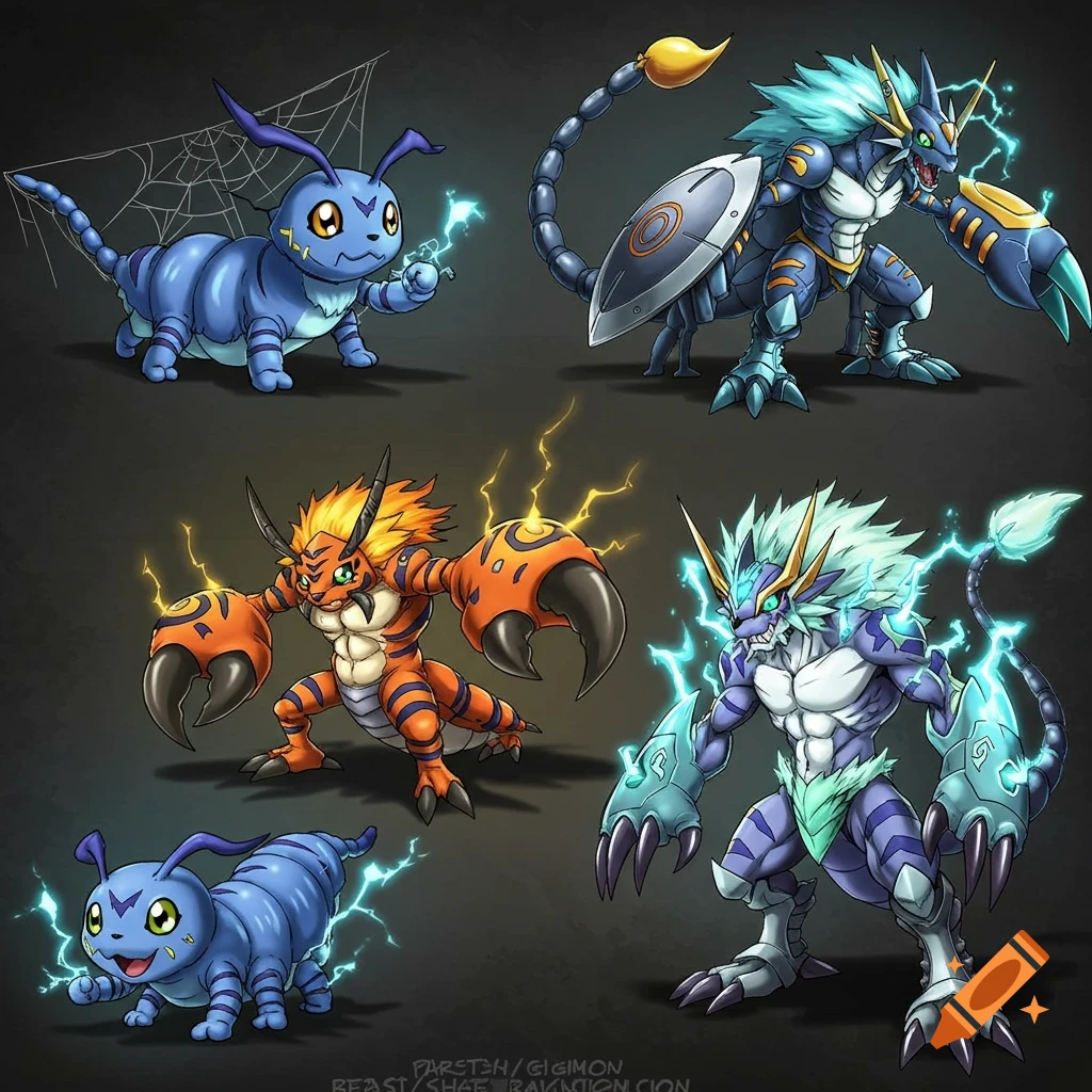 Six stylized blue, orange, and purple fantasy creatures, resembling Digimon, with electric effects, posed on a dark background.