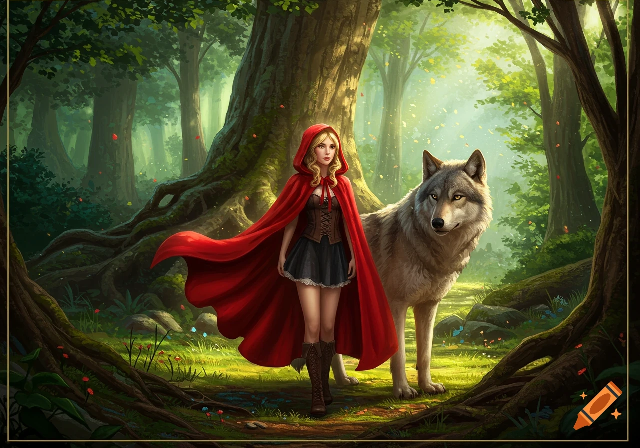 Little Red Riding Hood in a red cloak stands next to a wolf in a sunlit fantasy forest, digital painting.