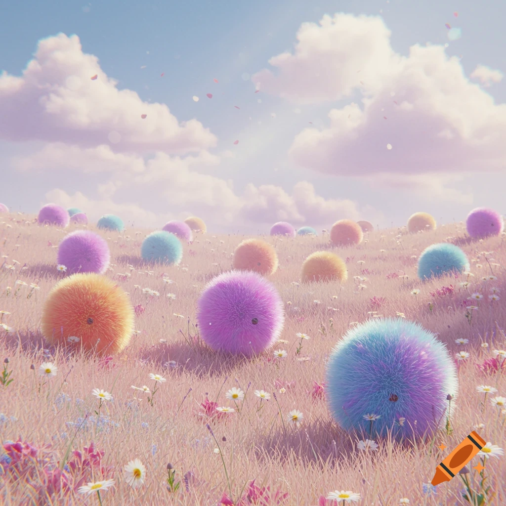 A field of pastel pink grass with many colorful fluffy creatures in various sizes and colors, under a cloudy sky.
