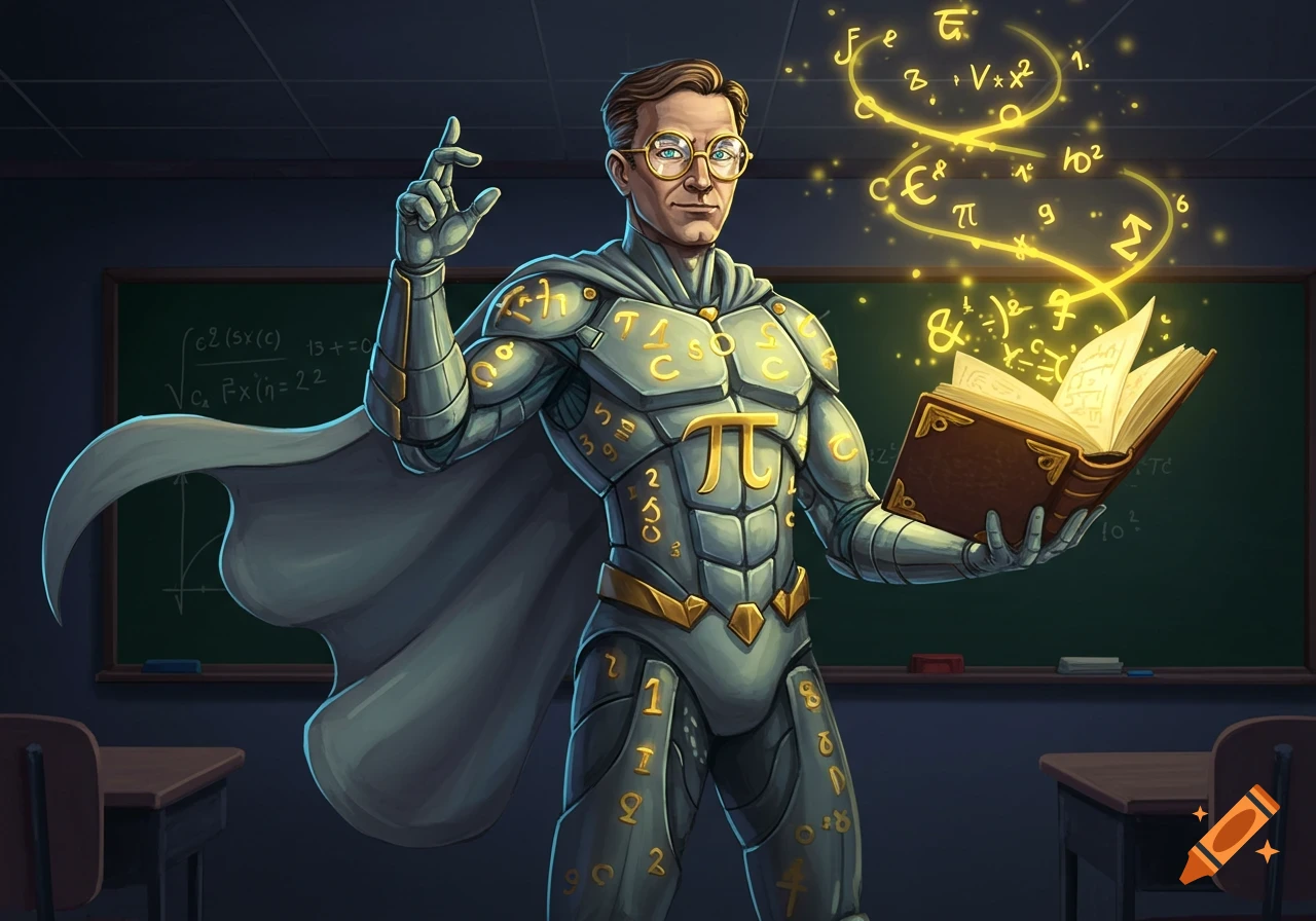 A superhero math teacher in metallic armor adorned with symbols and a cape, holding an open magical book from which glowing math equations emanate. A blackboard with equations is in the background.