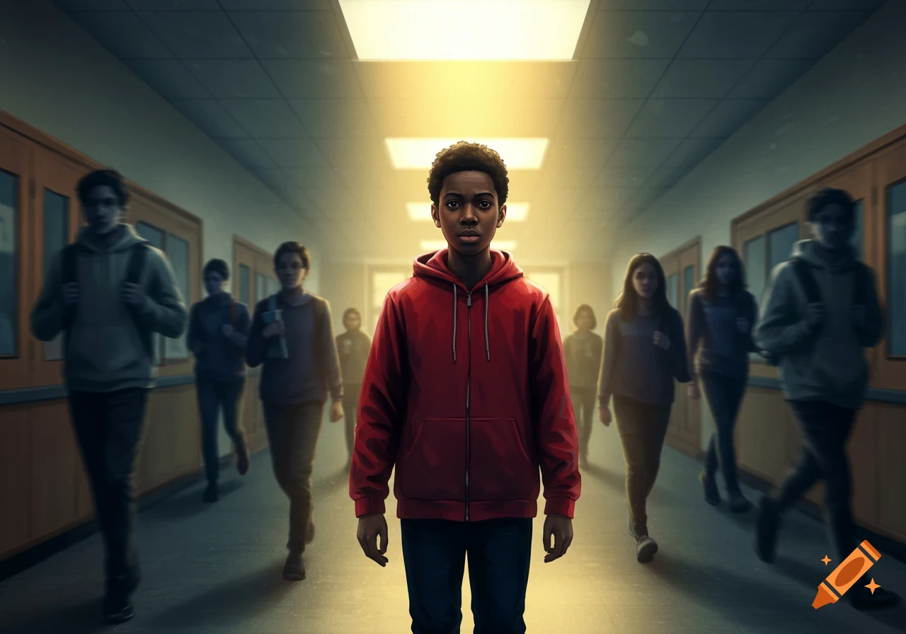 A young Black person in a red hoodie stands confidently in the center of a school hallway, with blurred students in the background.