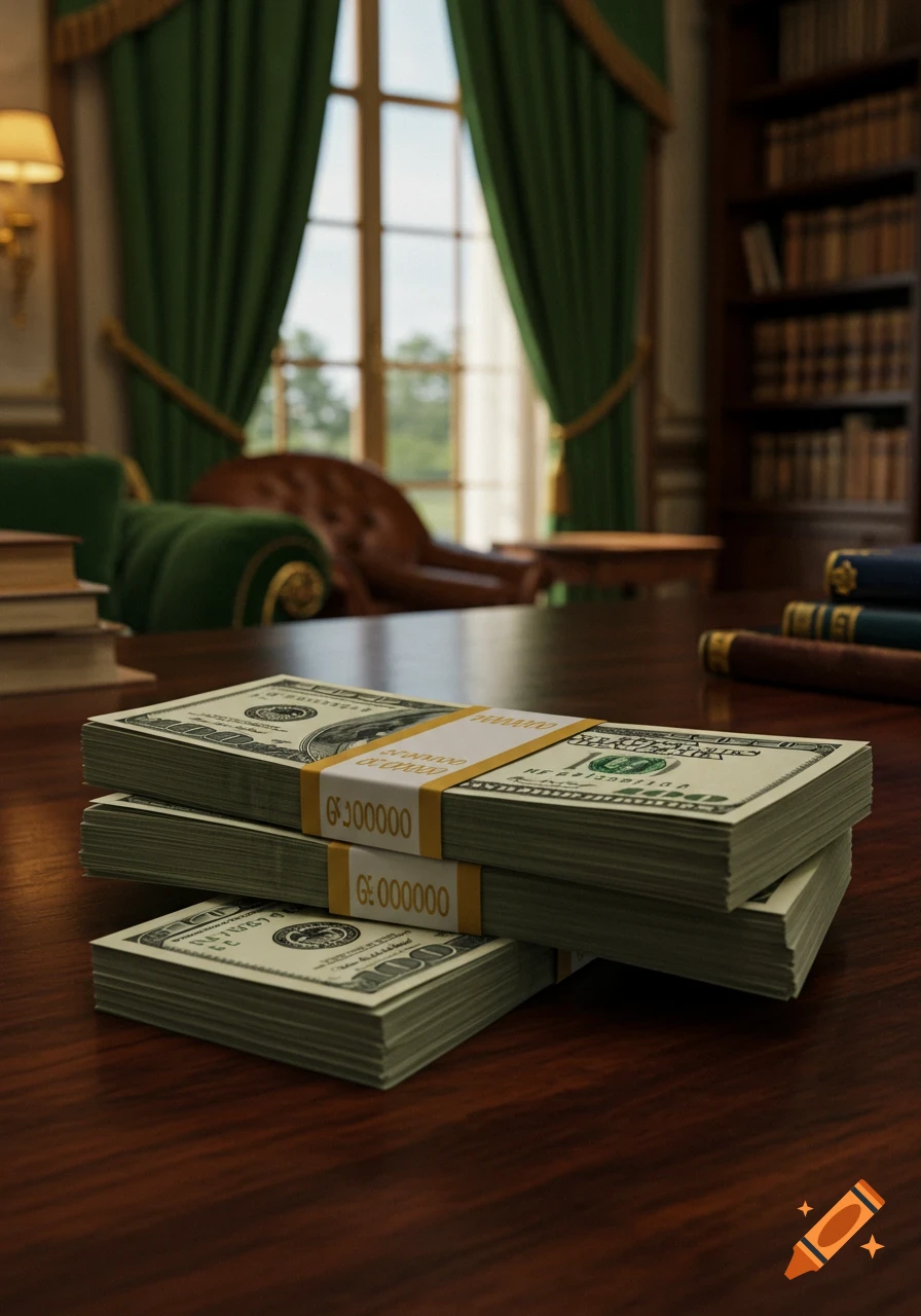 Stacks of US dollar bills on a wooden desk in a luxurious study.