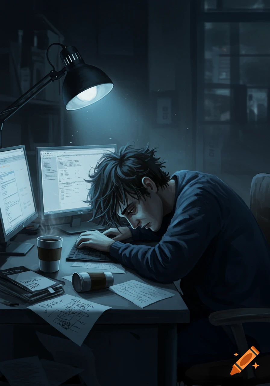 An exhausted person hunched over a computer keyboard in a dimly lit room with monitors, coffee, and papers, digital art style.