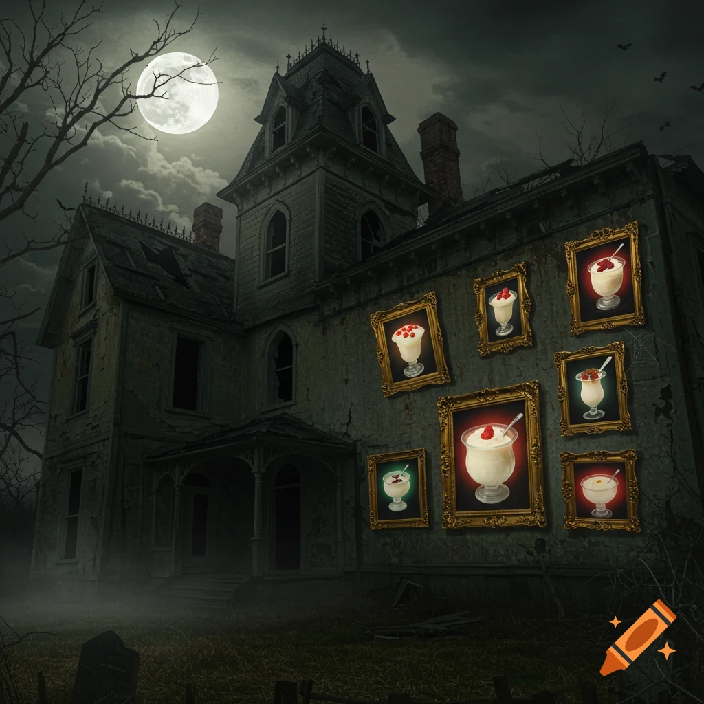 A spooky haunted house at night under a full moon, with several framed pictures of yogurt parfaits hanging on its exterior wall.