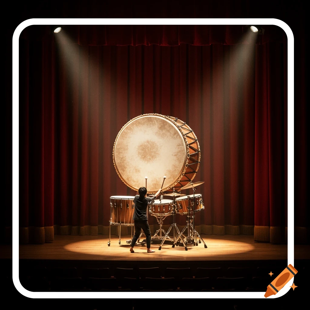 A person striking a large drum on a spotlight-lit stage with red curtains.
