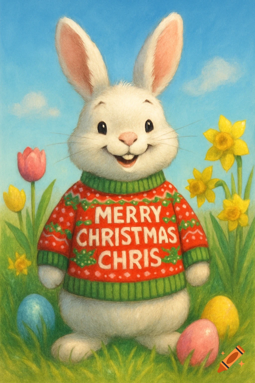 A cheerful white rabbit wearing a red Christmas sweater that says 'MERRY CHRISTMAS CHRIS' stands among Easter eggs, tulips, and daffodils under a blue sky.