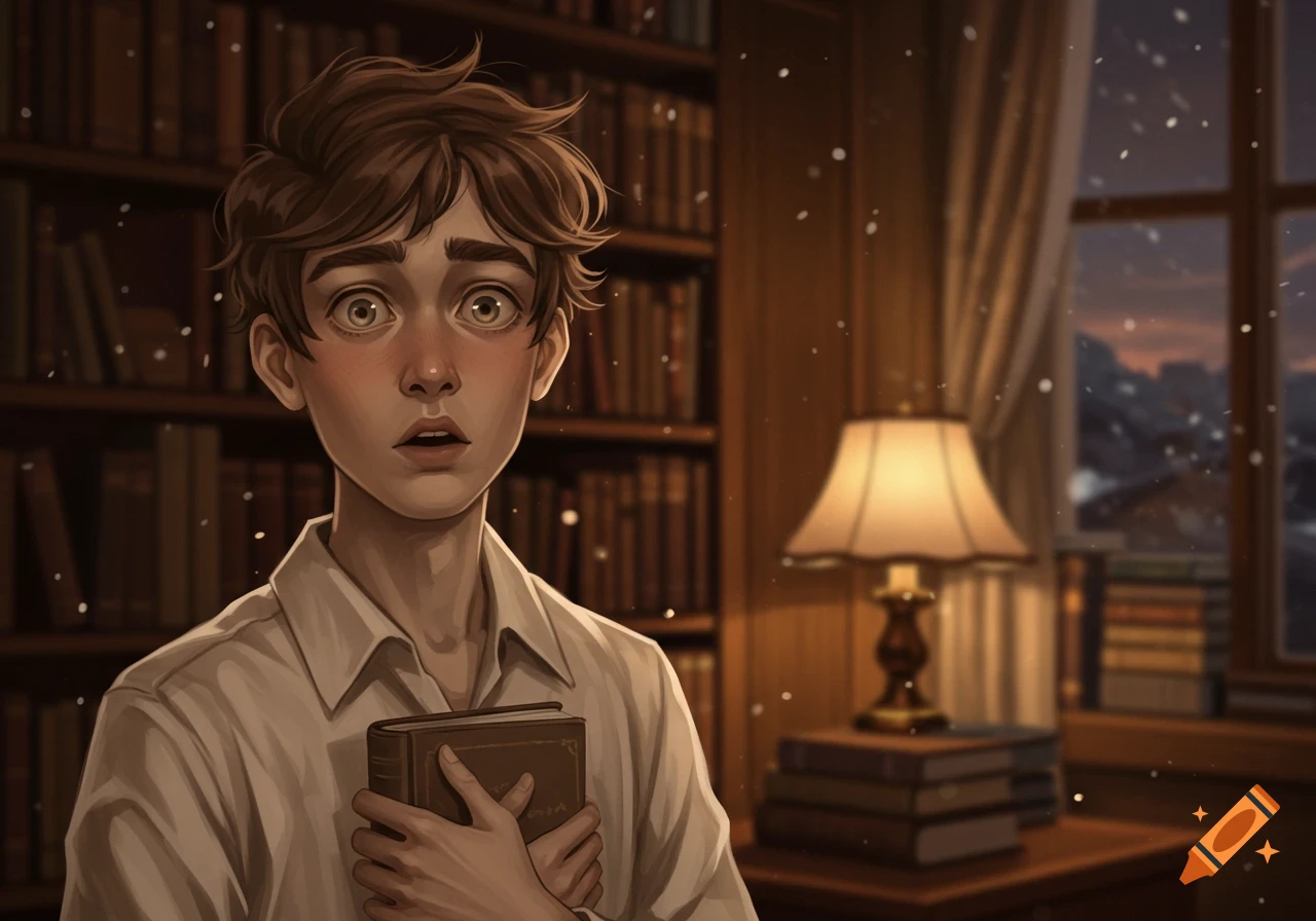 A cartoon-style illustration of a surprised, timid boy holding a book in a cozy library with snow falling outside the window.