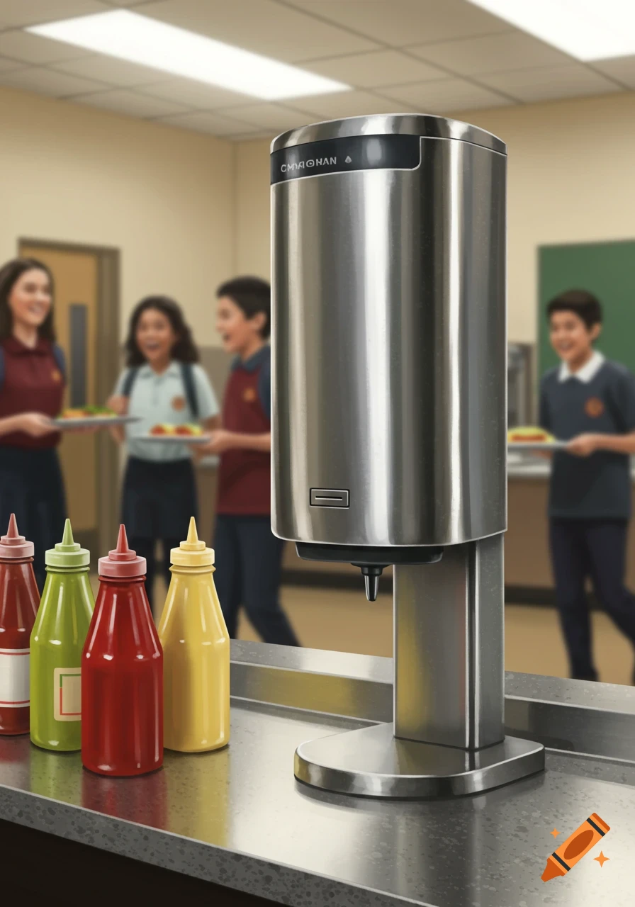 A stainless steel sauce dispenser and condiment bottles on a counter in a school cafeteria, with blurred students in the background.