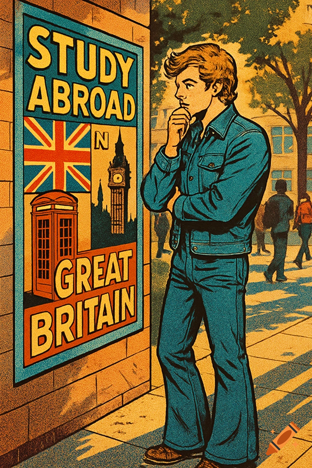 A 1970s comic book style illustration of a young man in a denim outfit looking at a "STUDY ABROAD GREAT BRITAIN" poster.