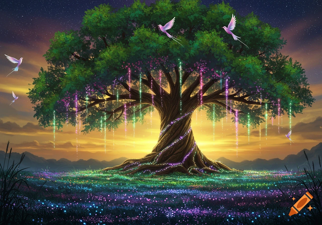 A vibrant, stylized fantasy landscape with a large, glowing tree adorned with lights, a field of sparkling flowers, and birds flying under a starry sunset sky.