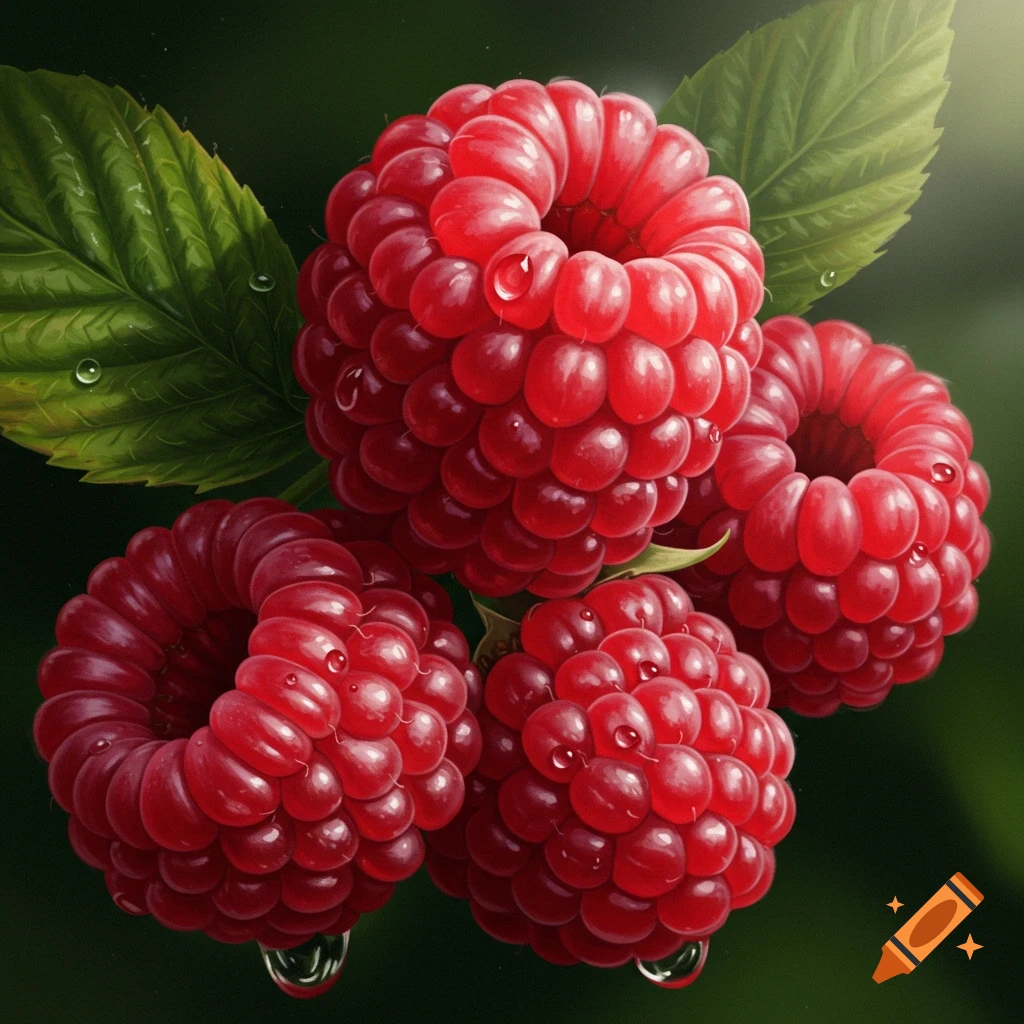 Close-up, photorealistic image of several red raspberries with water droplets and green leaves against a dark background.