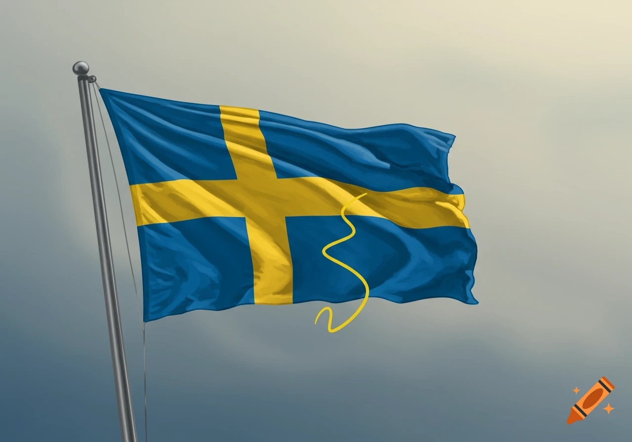 A wavy Swedish flag with a yellow squiggly line on its surface, flying on a flagpole against a cloudy sky.