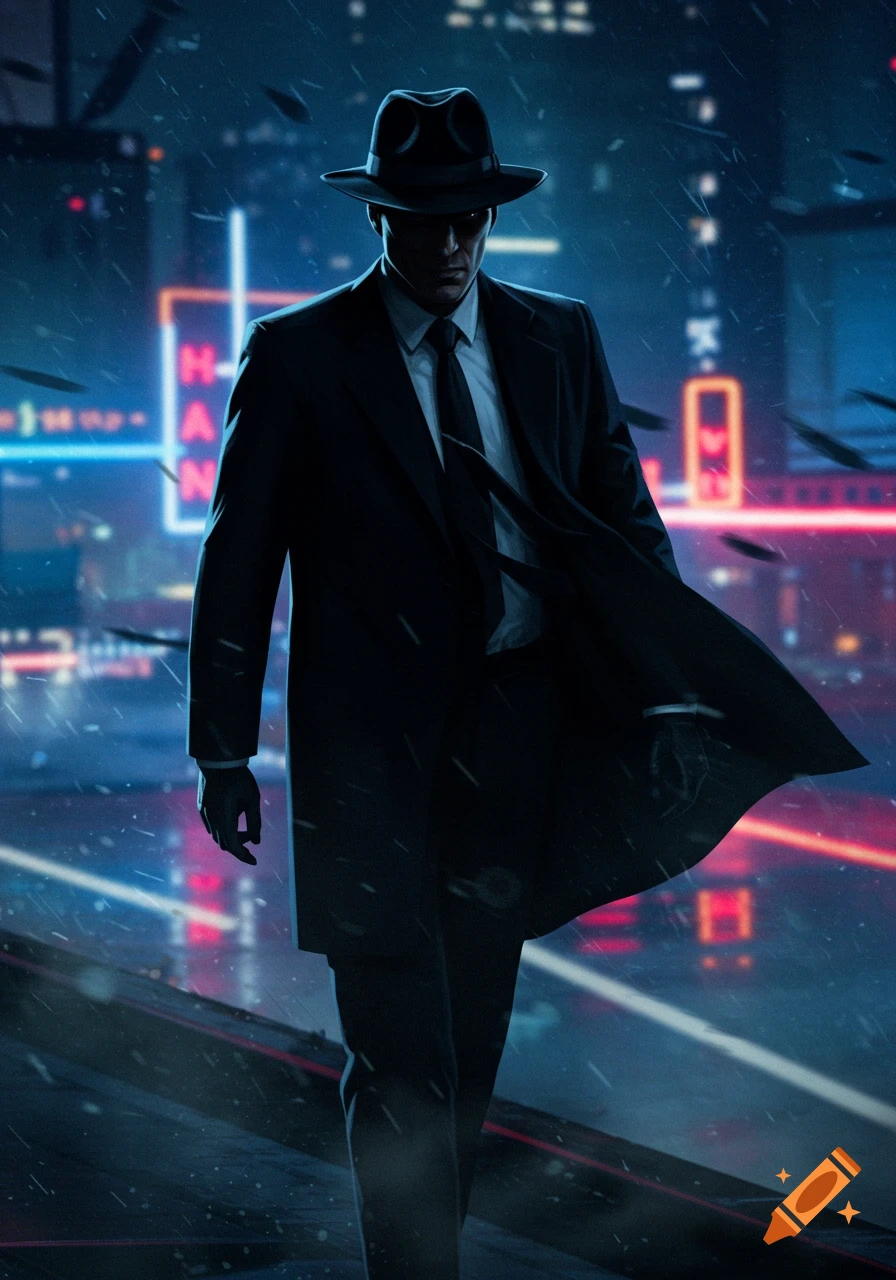A shadowy man in a black trench coat and fedora walks on a rainy, neon-lit city street at night.