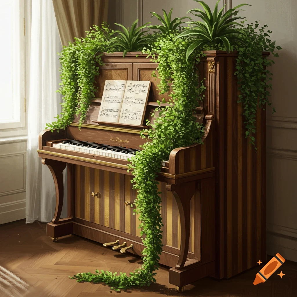 An ornate upright piano covered in green vines and plants, with sheet music, golden stripes, set in a sunlit room.