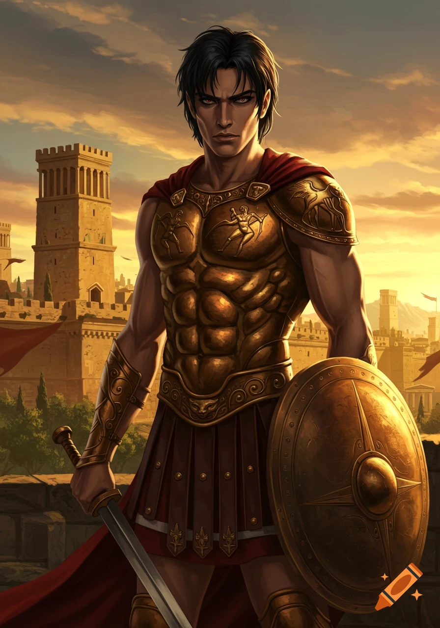 A dark-haired male warrior in golden armor with a red cape, holding a sword and shield, stands before a sunlit ancient city at sunset.