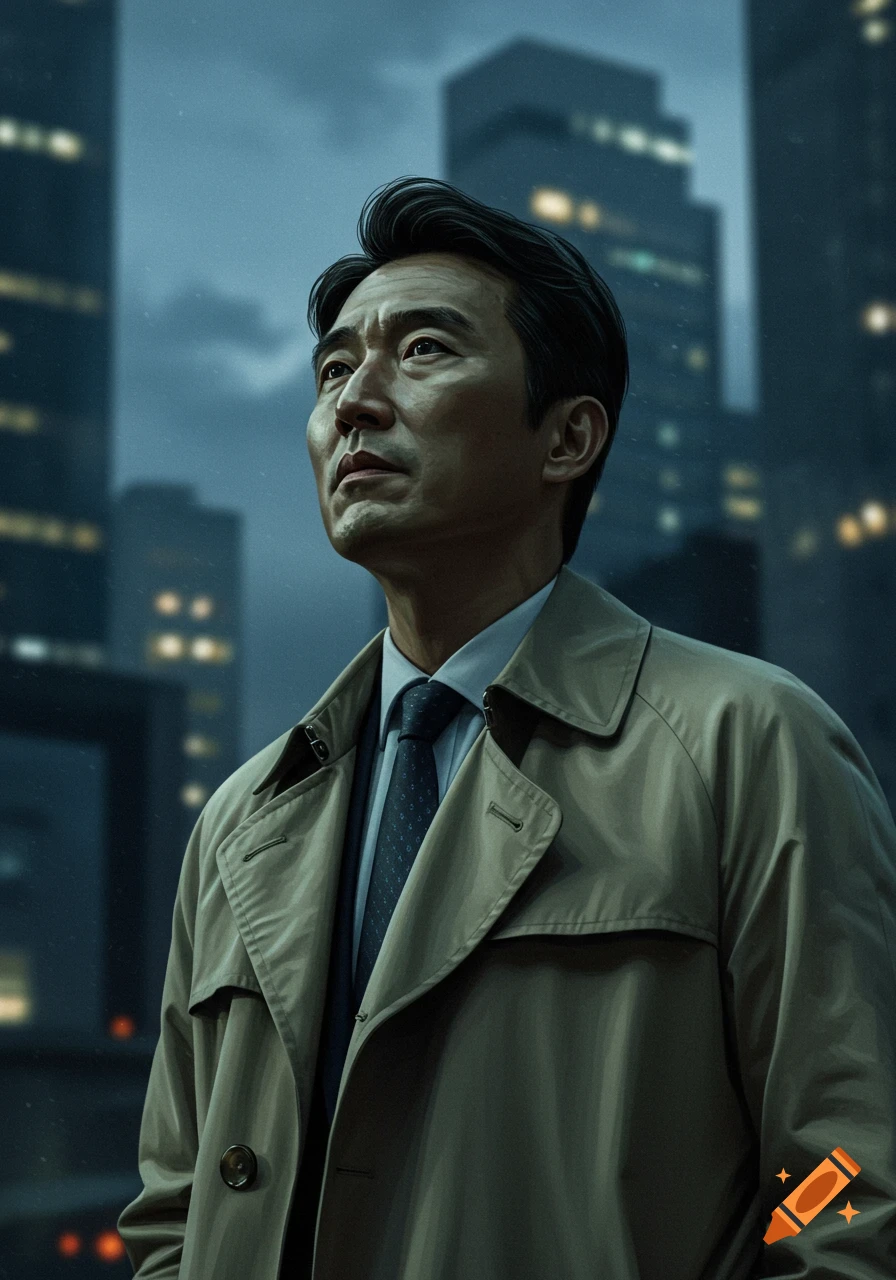 An Asian man in a trench coat looks up contemplatively against a blurry, dark city skyline at night, in a realistic style.