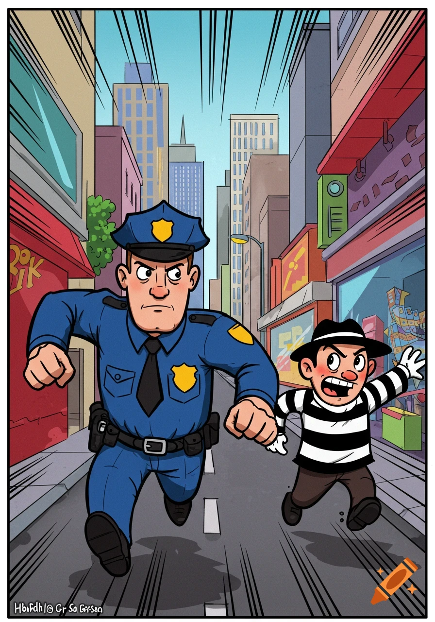 A cartoon police officer chases a cartoon robber down a city street, drawn in a comic book style.