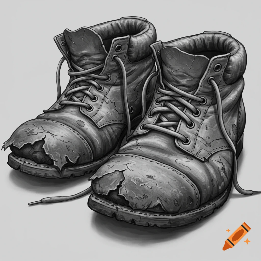 Two old, worn-out, broken boots in a grayscale, realistic illustration style.