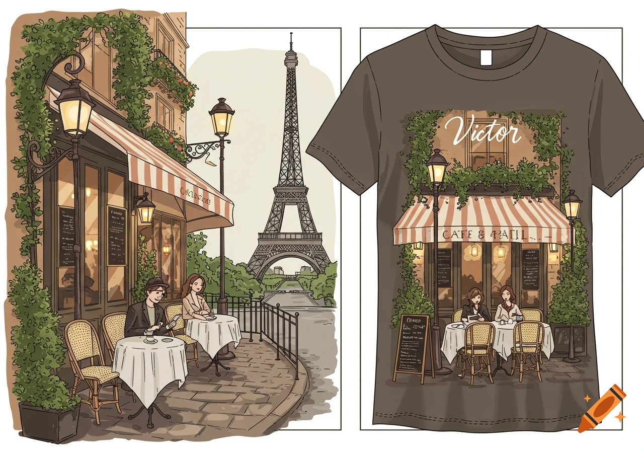 An illustration in two panels: a Parisian cafe with outdoor seating and the Eiffel Tower in the background, and the same scene depicted on a brown t-shirt with the name "Victor" above the cafe.