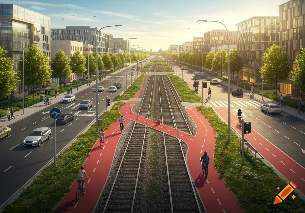A wide-angle sunny cityscape with roads, buildings, and a central railway line flanked by red bike paths. Cars and people are visible along the urban infrastructure.