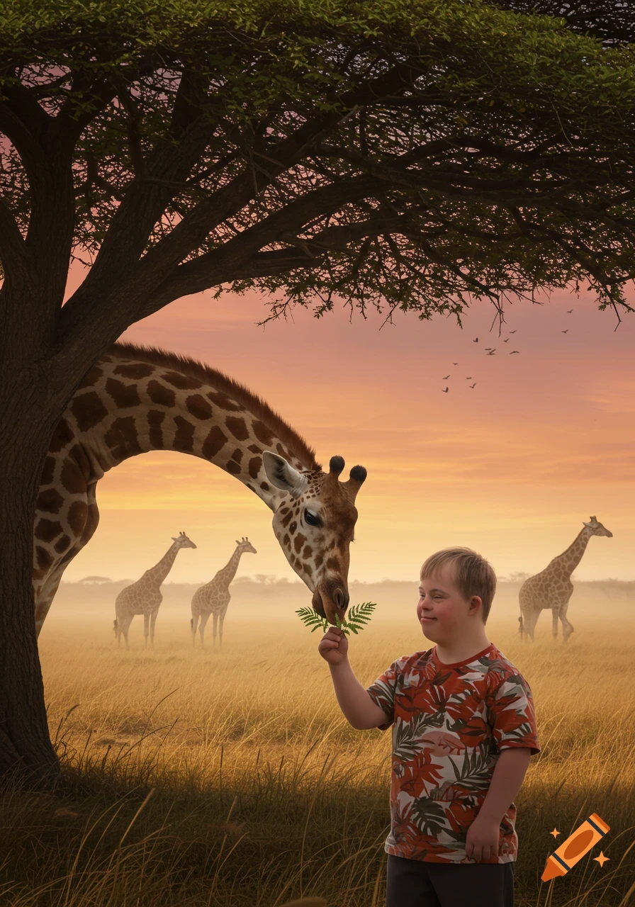 A boy with Down syndrome feeds a leaf to a giraffe against a sunset savanna background with other giraffes and a large tree.