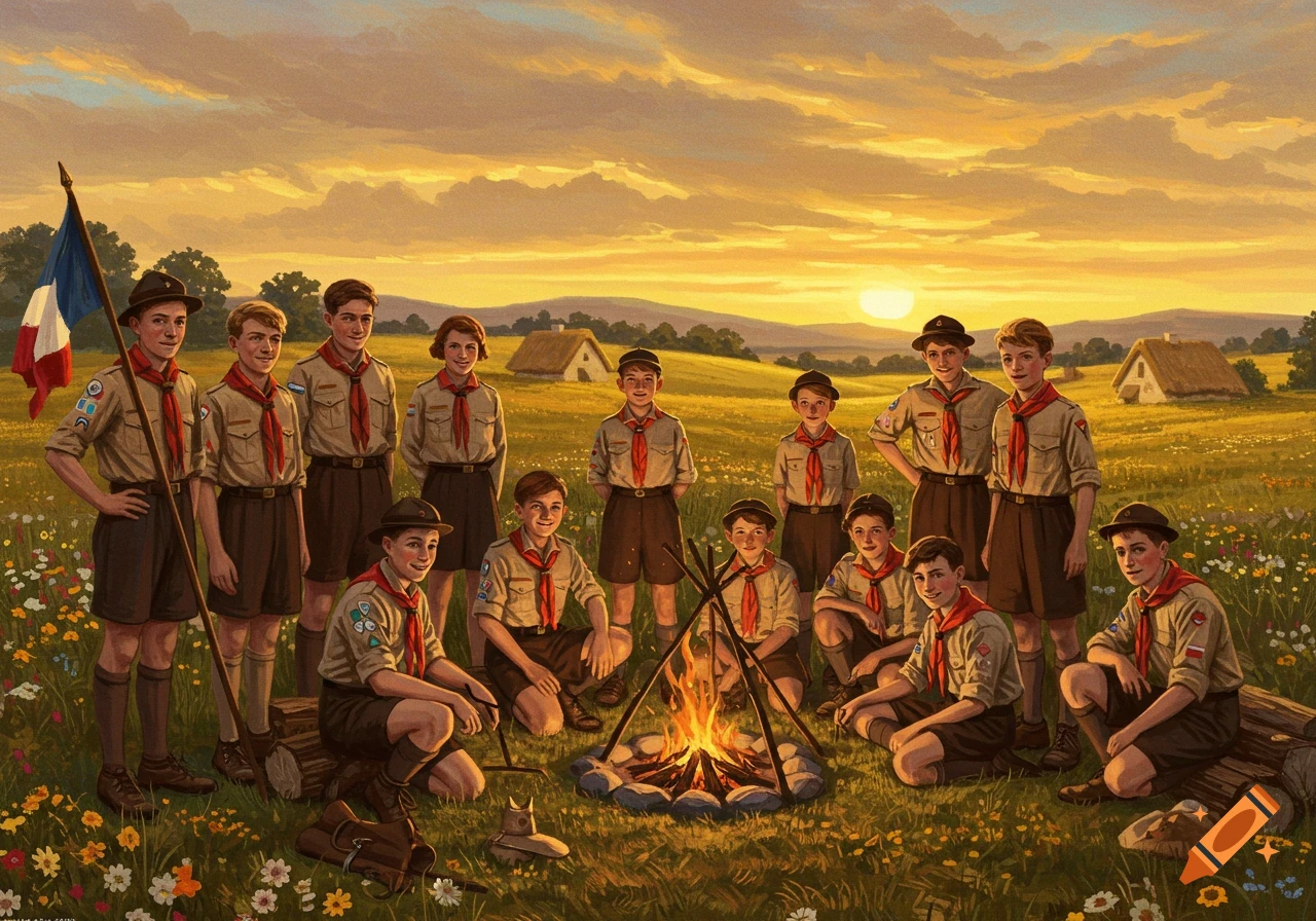 A group of Scouts in 1930s uniforms gather around a campfire in a grassy field at sunset, with a French flag and distant houses.