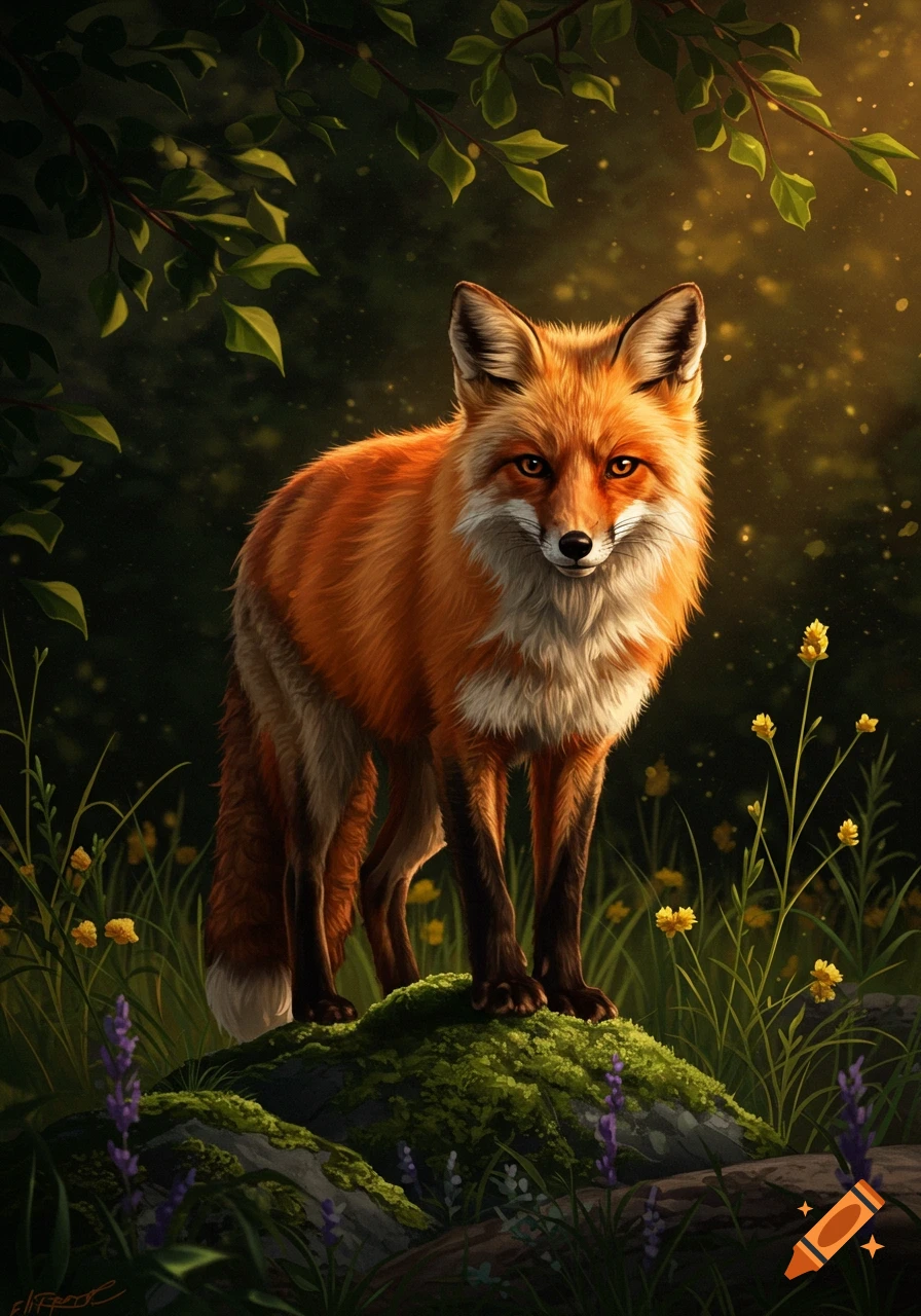 A vibrant red fox stands on a mossy rock in a sun-dappled forest with ...