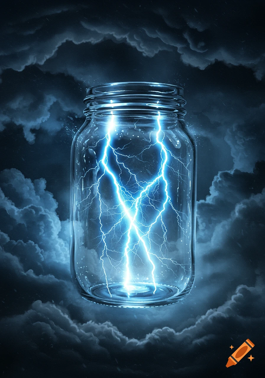 A clear glass jar containing bright blue lightning bolts, set against a dark, stormy sky with ominous clouds.