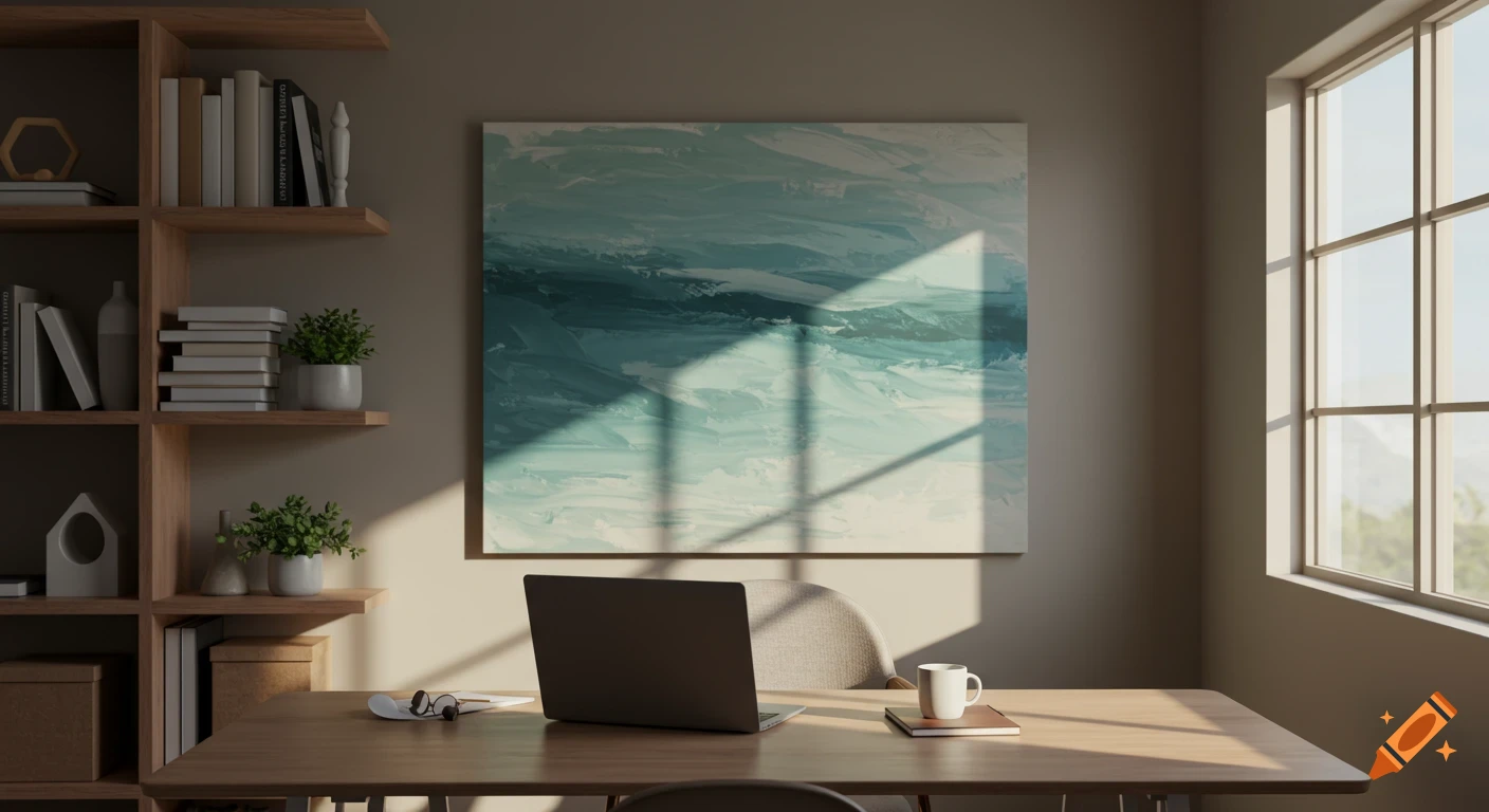 A sunlit home office with a wooden desk, laptop, book shelves, and an abstract blue painting on the wall.