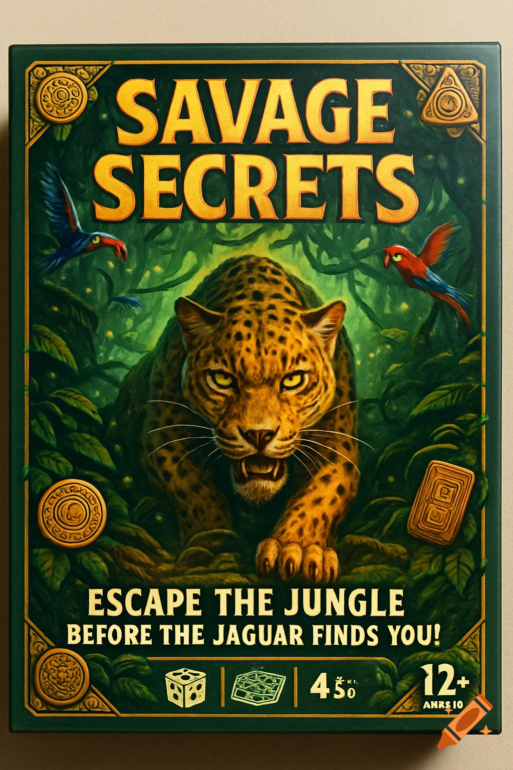 A board game box for "Savage Secrets" featuring a snarling jaguar in a dark jungle with parrots and ancient symbols. Text below reads "Escape the jungle before the jaguar finds you!" with game details like "12+".