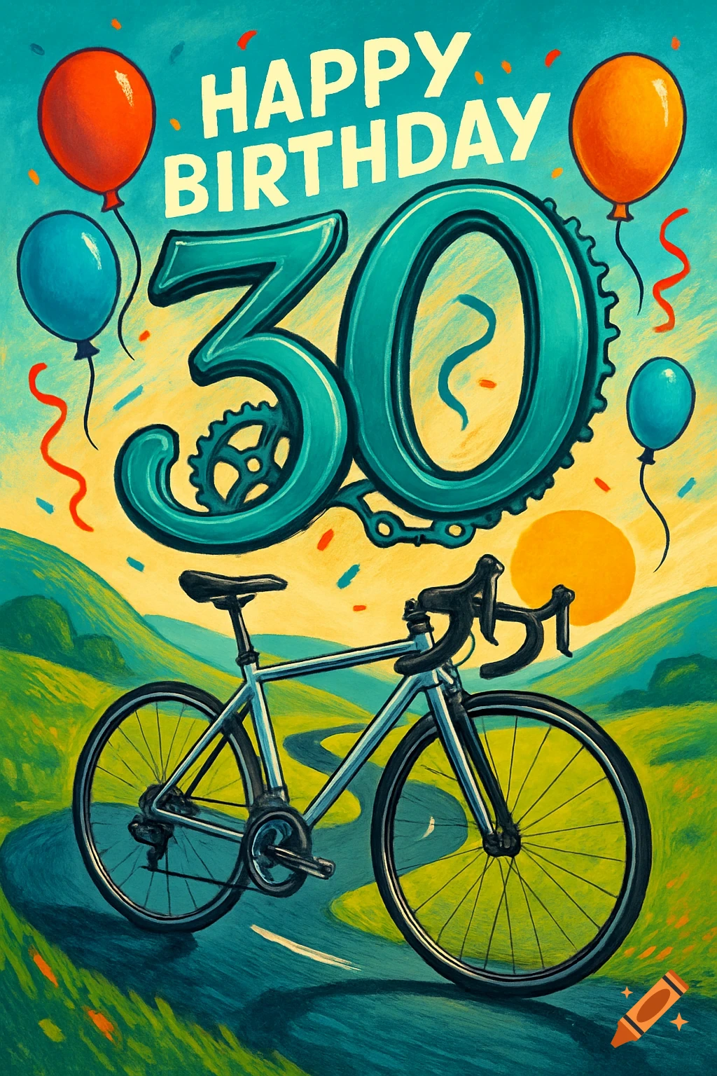 A stylized birthday card featuring a bicycle on a winding road with balloons, a sunset, and 'HAPPY BIRTHDAY 30' text.