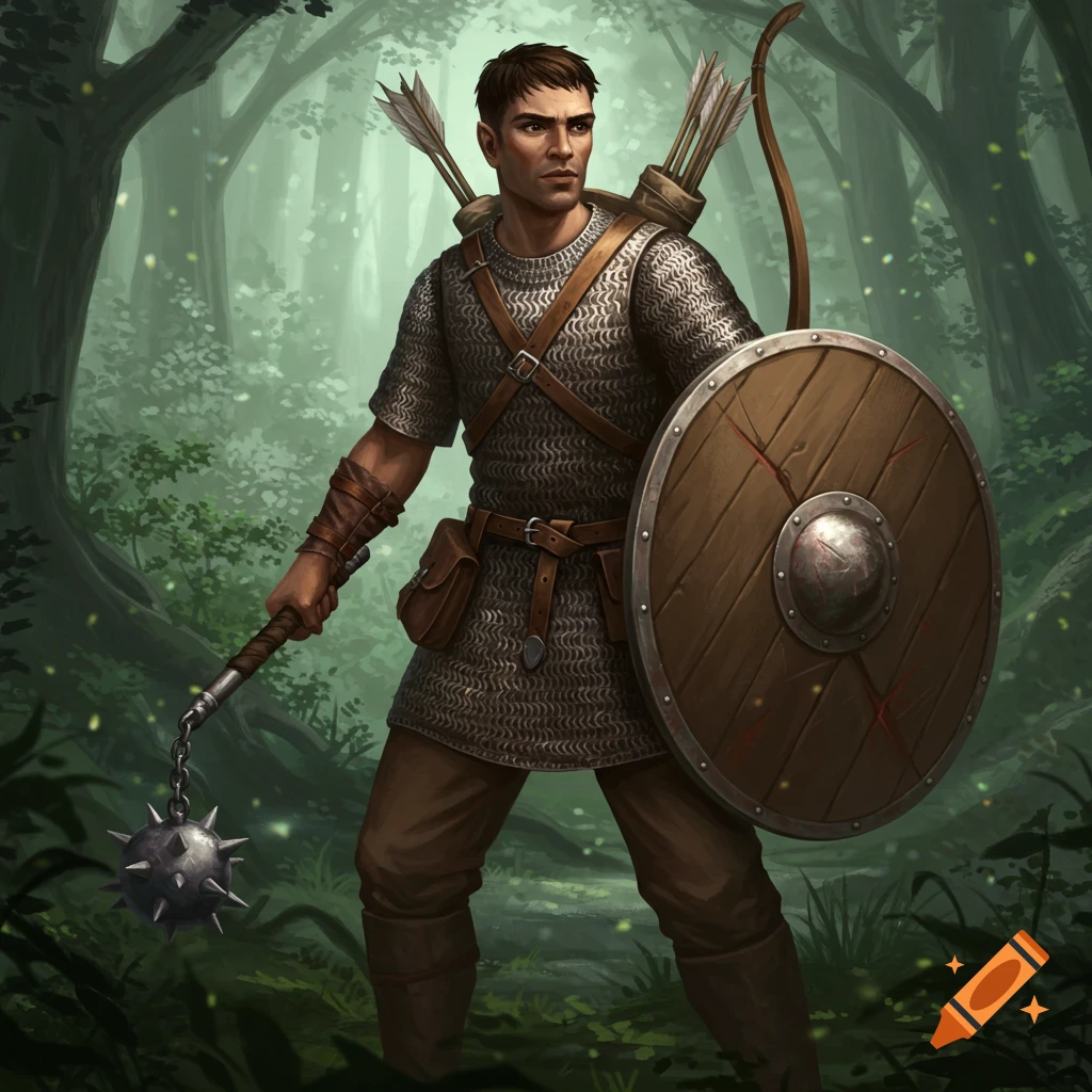 A male human warrior in chainmail, holding a flail and a wooden shield, with a bow and arrows on his back, stands in a green forest.