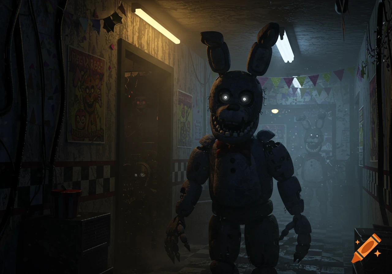 A dark, atmospheric scene with several creepy animatronic rabbit-like figures in a dimly lit hallway, with glowing eyes.