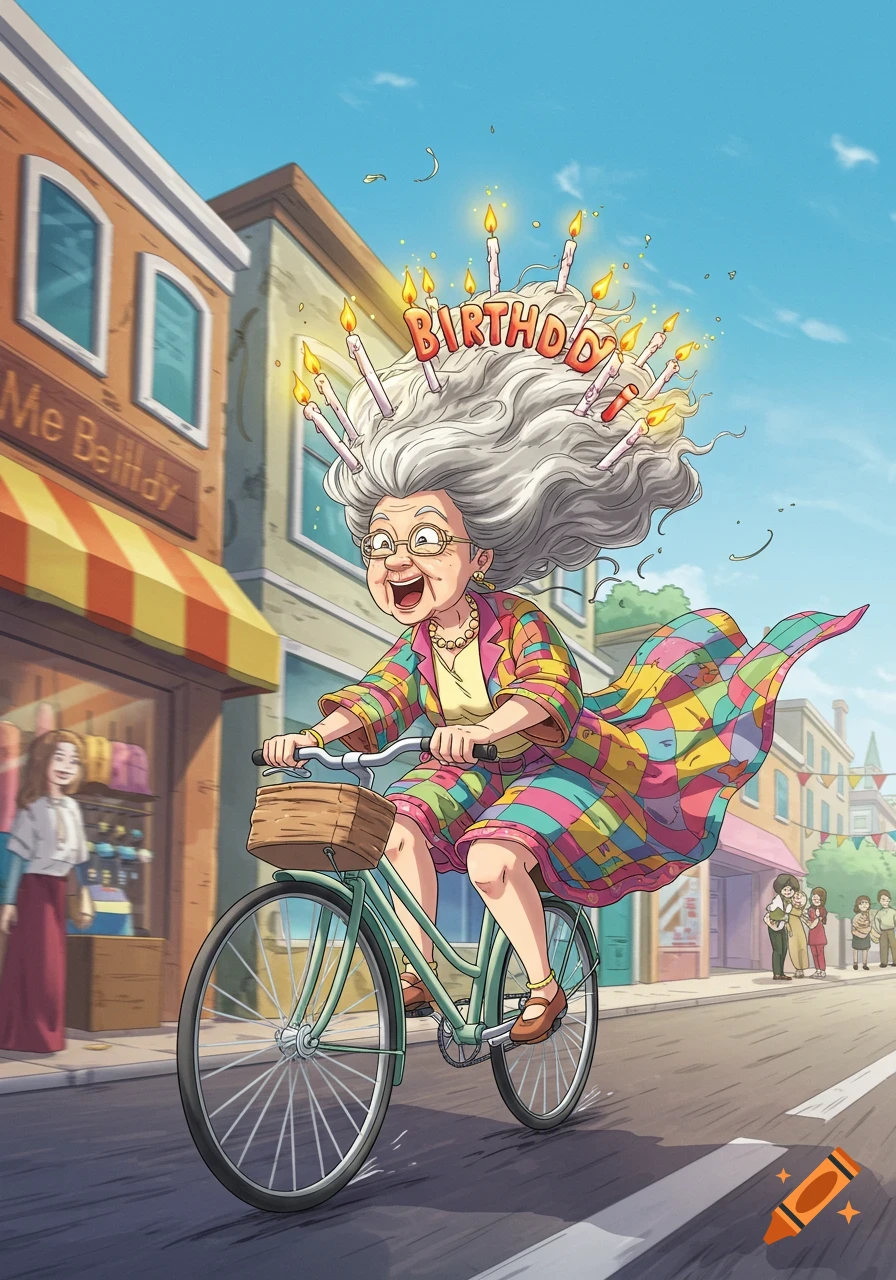 A cheerful old woman with lit birthday candles in her hair rides a bicycle quickly down a vibrant city street.