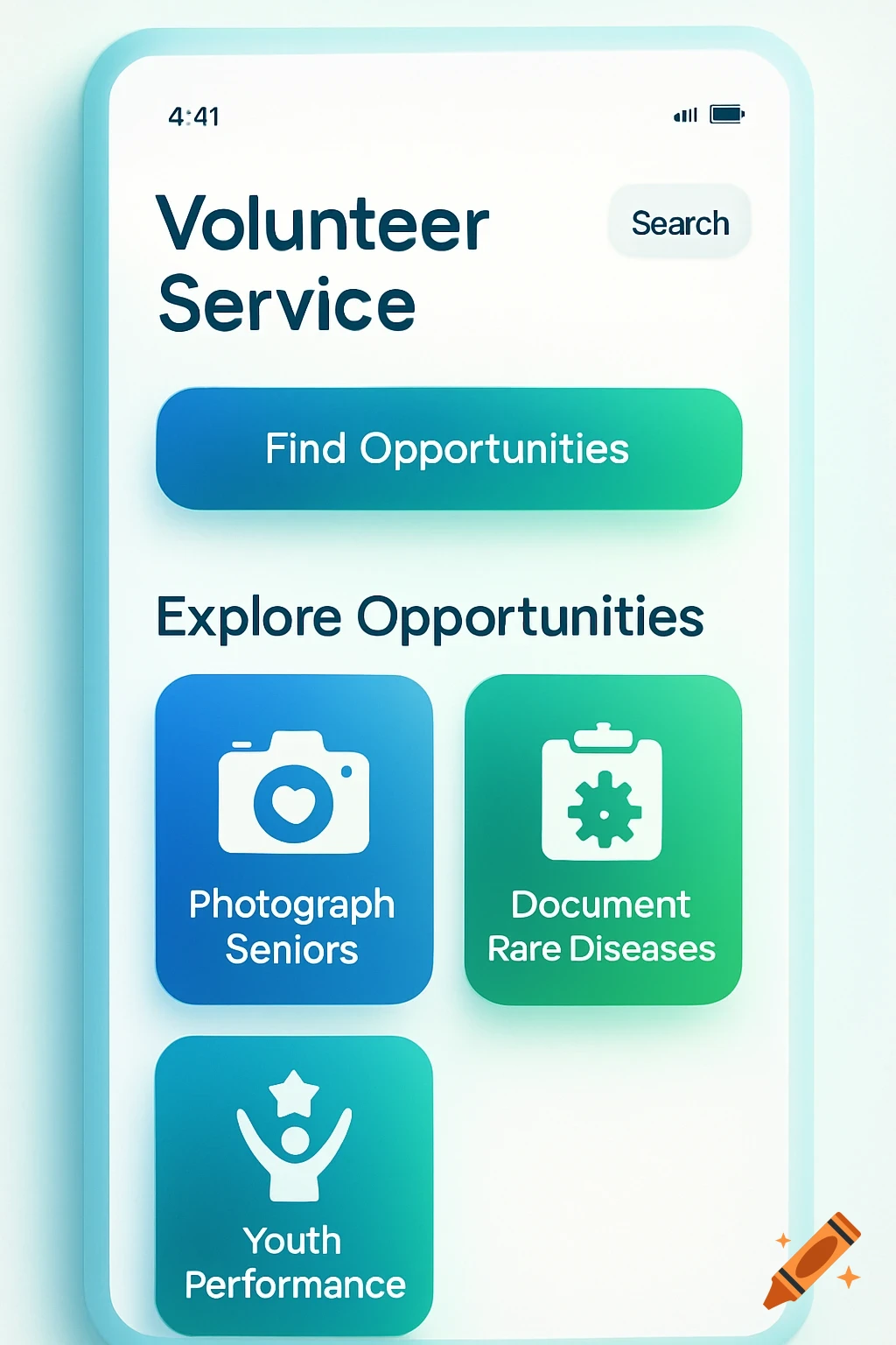 A clean, modern mobile app interface for "Volunteer Service" with options like "Find Opportunities", "Photograph Seniors", "Document Rare Diseases", and "Youth Performance".