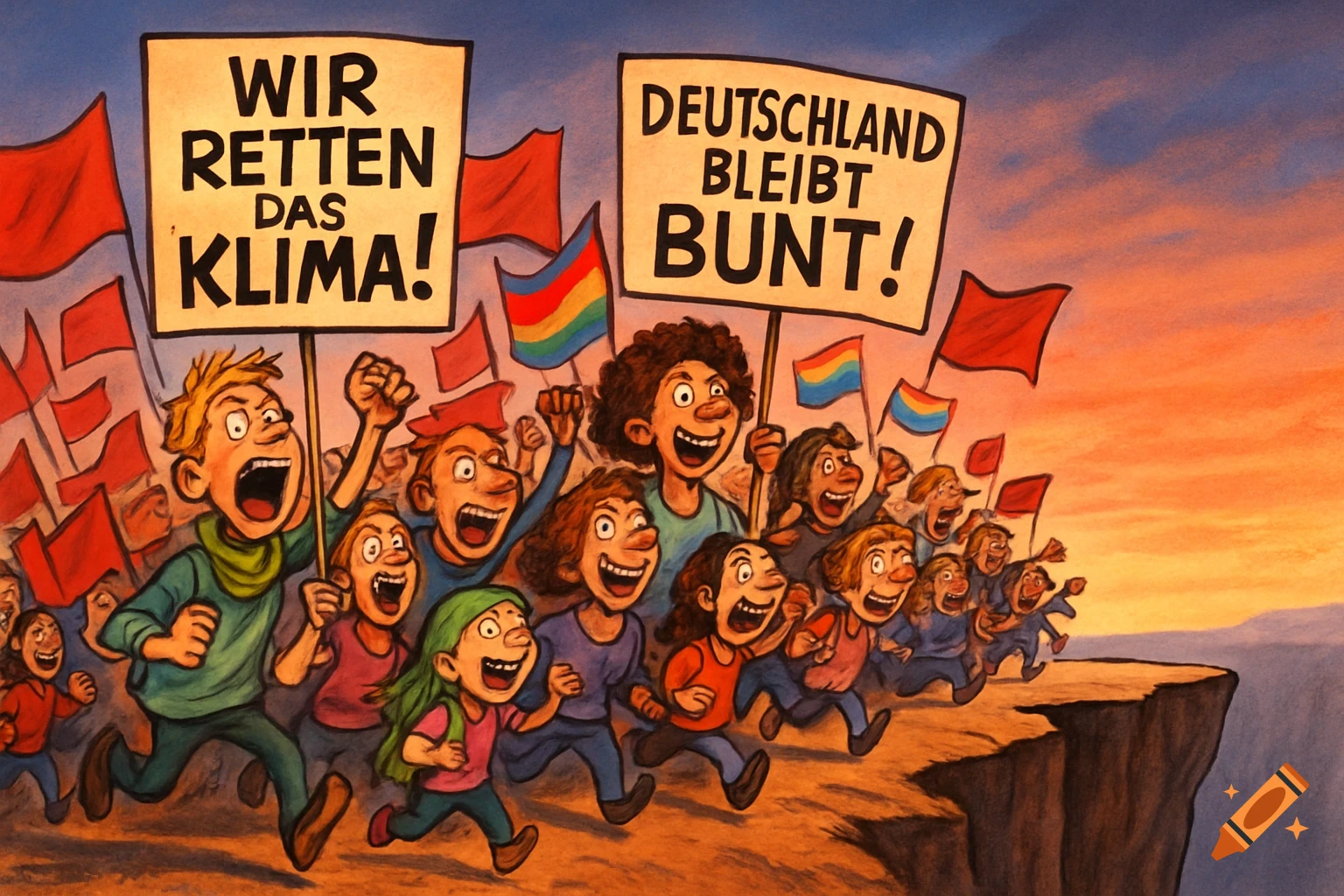 A cartoon depicts a crowd of people with exaggerated features, carrying signs and flags as they march enthusiastically towards a cliff. Signs read "Wir retten das Klima!" and "Deutschland bleibt bunt!".