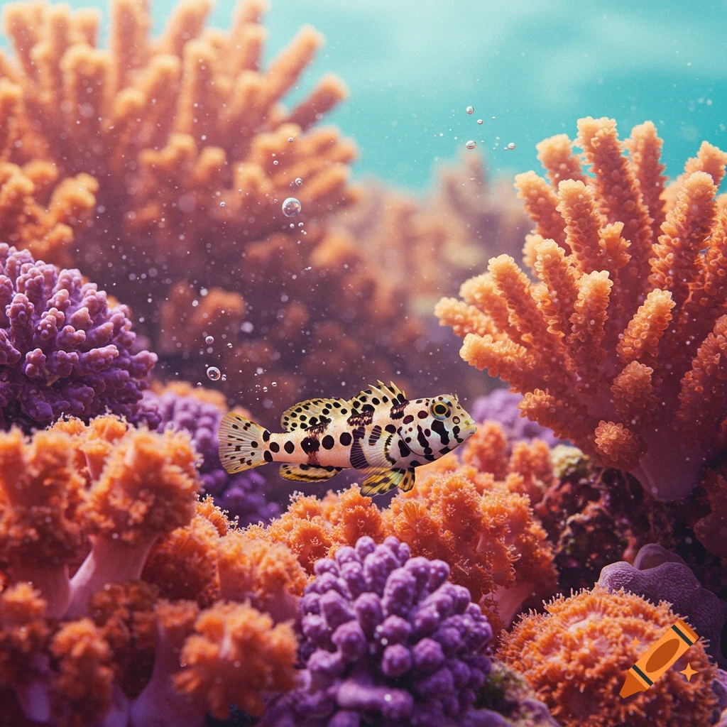 A black and white spotted fish with yellow fins swims among vibrant orange and purple coral in clear blue water.