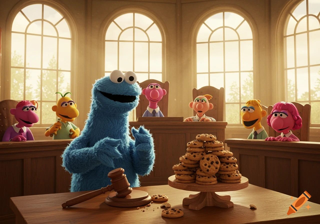 Cookie Monster in a courtroom, standing behind a table with a gavel and a large stack of chocolate chip cookies, while other puppets observe.