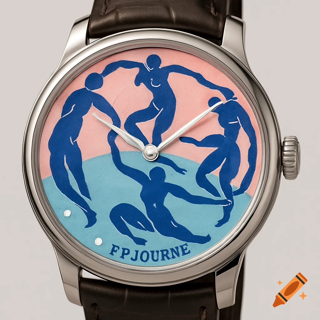 Close-up of a silver wristwatch with a brown strap. The dial features blue dancing figures on a pink and blue background, inspired by Matisse's The Dance.