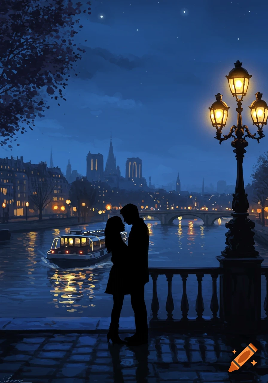 A romantic illustration of a couple silhouetted embracing by the Seine River at night, with a tour boat, lit buildings, and a glowing streetlamp.