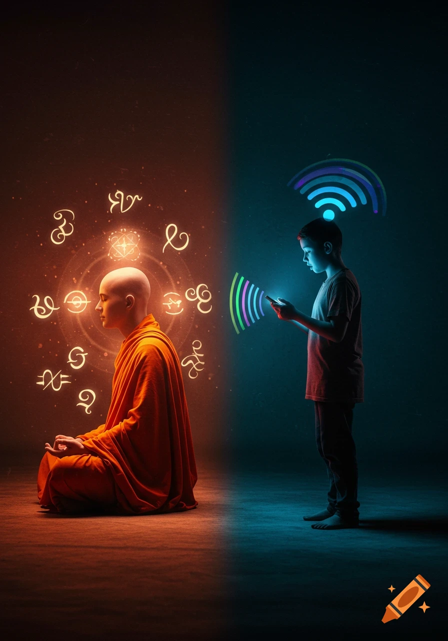 Surreal illustration of a meditating monk with glowing symbols and a boy with a smartphone and Wi-Fi signals, split by orange and blue light.