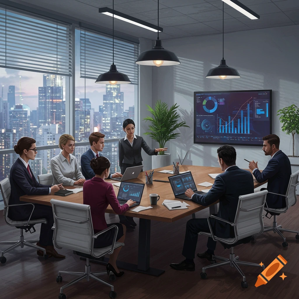 A group of diverse professionals in suits conducts a meeting around a conference table in a modern office with a city skyline view.