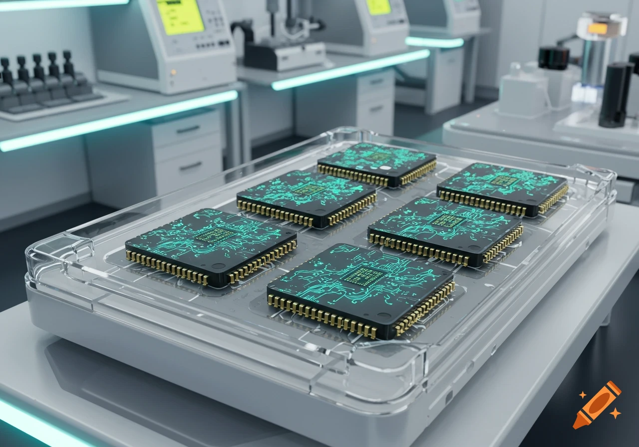 Multiple black microchips with green circuitry on a clear tray in a ...