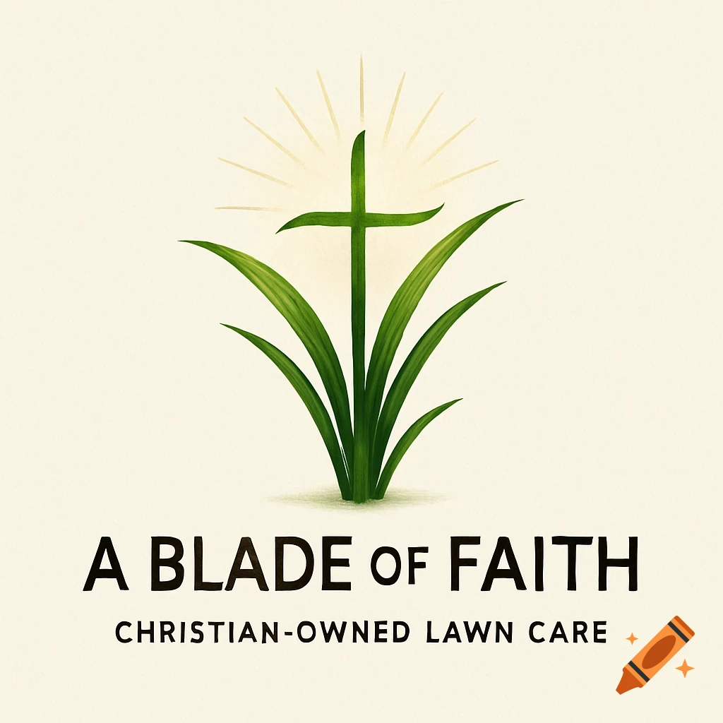 A logo with a green cross formed by a blade of grass, surrounded by other blades, radiating light. Text reads 'A BLADE of FAITH CHRISTIAN-OWNED LAWN CARE'.