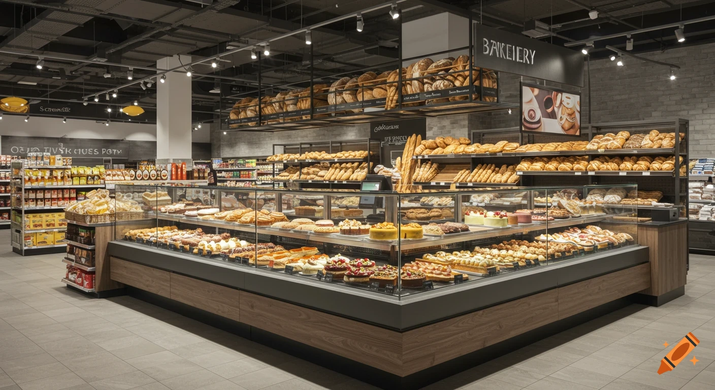 A wide shot of a supermarket bakery section, featuring a display case with various cakes and pastries, and shelves filled with different types of bread.