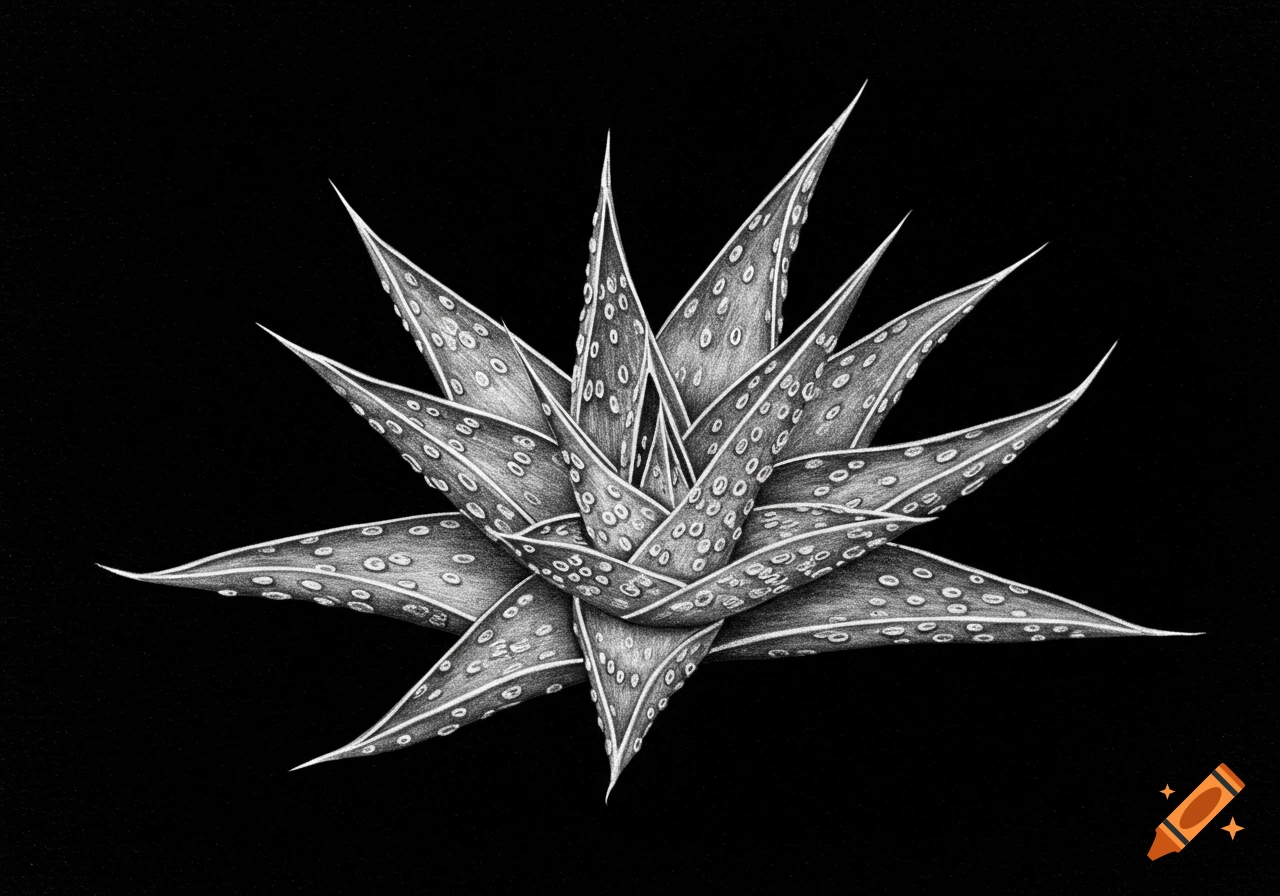Black and white pencil drawing of a succulent plant with spotted leaves against a black background.