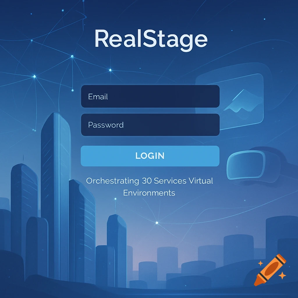 Login screen for RealStage platform with email and password fields, a login button, and a futuristic cityscape with network lines and a VR headset in the background.