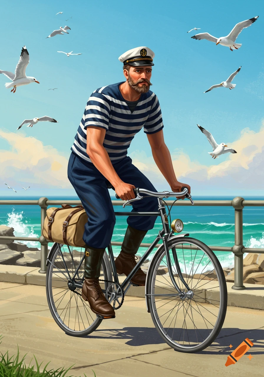 An illustrated man with a beard and mustache, wearing a striped sailor shirt and a captain's hat, rides a bicycle along a seaside promenade. Seagulls fly in a bright blue sky above a wavy ocean.
